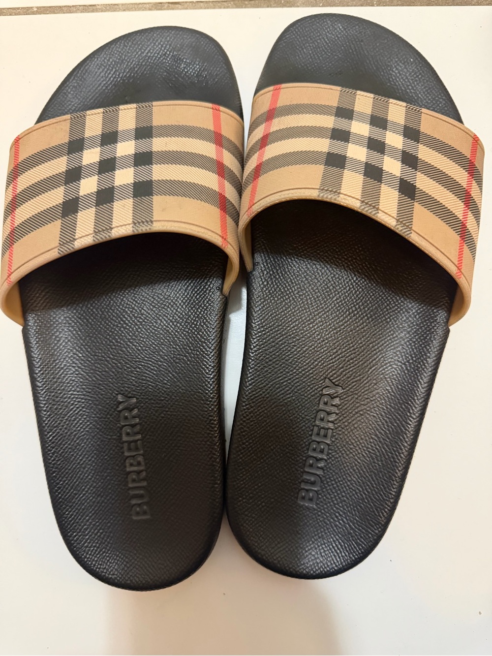 Burberry Black Footbed Slide Sandals with Beige Vintage Check Strap
